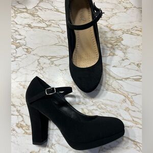Black suede mary jane heels 7